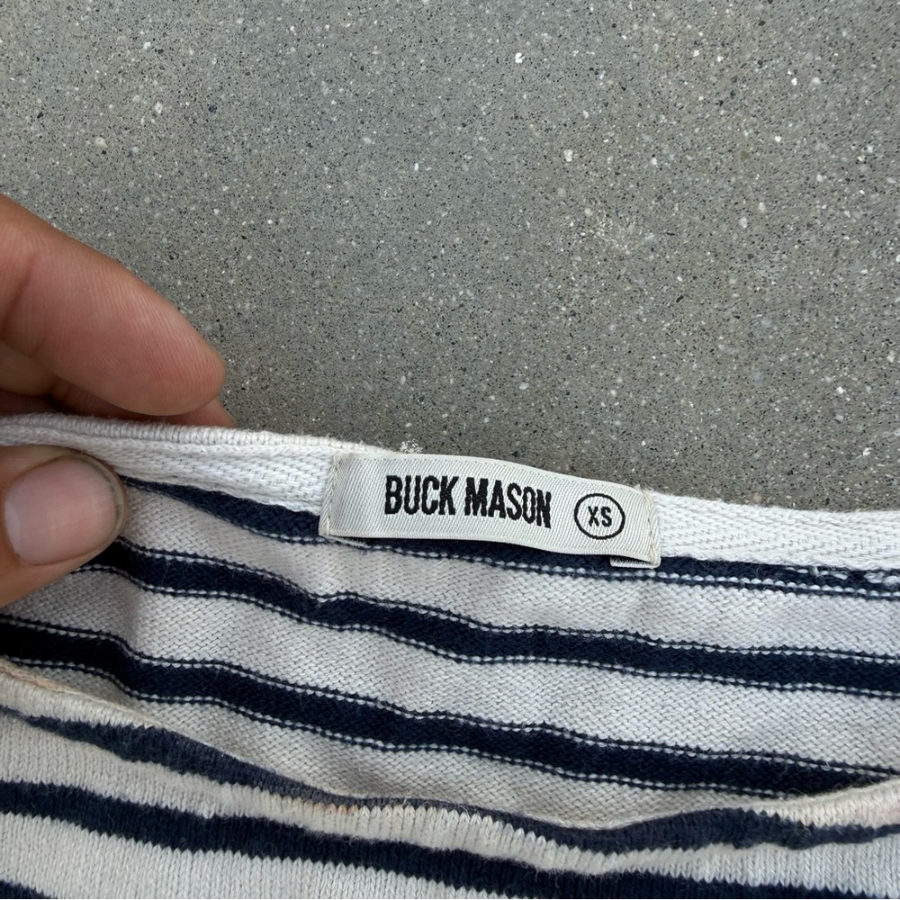 Buck Mason Striped Long Sleeve Knit Top | Navy & White | Size XS - Picture 2 of 4